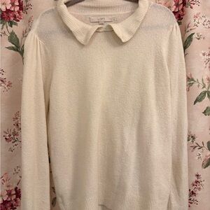 LOFT Ivory Knit Top with Classic Collar